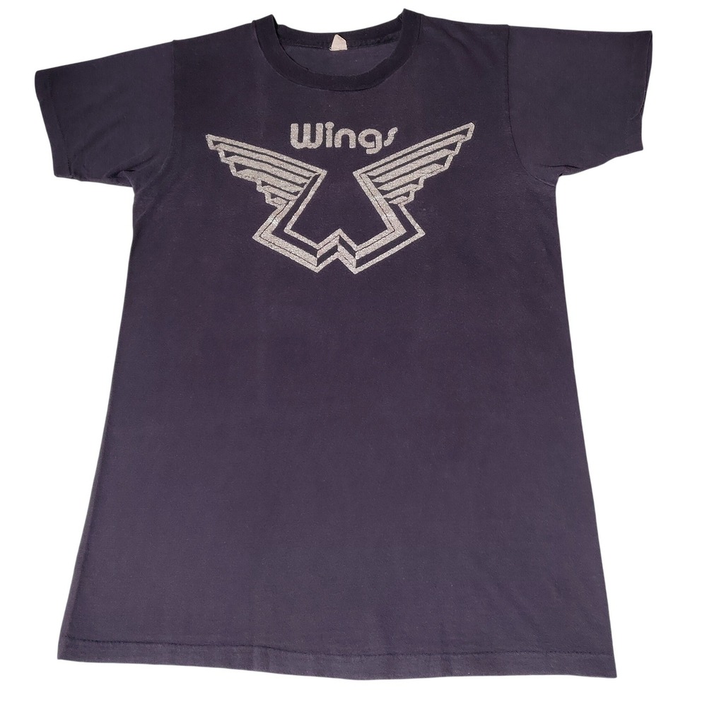 Wings Paul McCartney Band T-Shirt Faded Black Glitter Logo S Vtg 70s - Imperfect